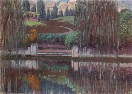 TEODORO WOLF FERRARI (Venezia 1878-San Zenone degli Ezzelini 1945), Paesaggio lacustre con alberi, 1914