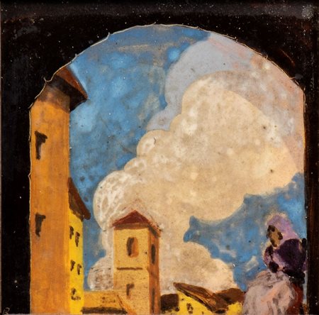 WANDA COEN BIAGINI (Pesaro 1896-Roma 1953), Mattonella con scorcio di paesaggio, 1920/30