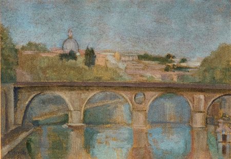 CARLO SOCRATE (Mezzanabigli 1889-Roma 1967), Veduta di Ponte Sisto e della cupola di San Pietro, 1954