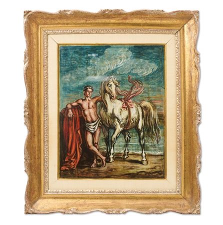 Giorgio De Chirico "Efebo con cavallo" seconda metà anni Cinquanta
olio su tela