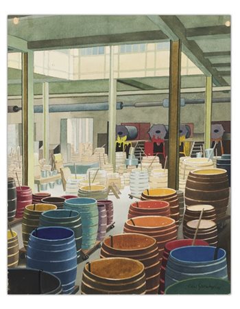 CARL GROSSBERG "Sala di tintura / Färberei" 1939
gouache su carta
cm 50x40
Firma