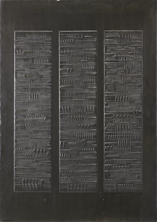 Arnaldo Pomodoro "Terza immagine (codice)" 1974
piombo e legno
cm 100x70x5
Firma