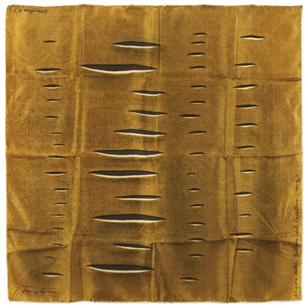 Lucio Fontana "Foulard" 1958
foulard in seta giallo oro
cm 78x78
Esemplare numer