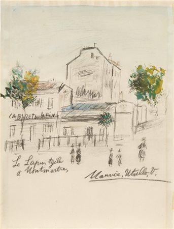 MAURICE UTRILLO "Le Lapin Agile à Montmartre" 
tempera e tecnica mista su carta