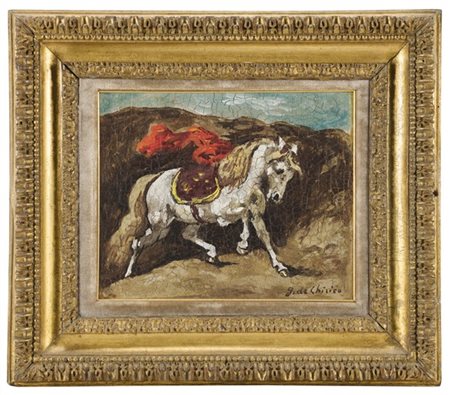 Giorgio De Chirico "Cavallo con drappo rosso" 1956
olio su cartone telato
cm 19,