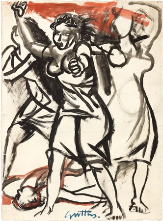 Renato Guttuso (Bagheria (Pa), 1912 - Roma, 1987) Donne Tempera su carta, cm...