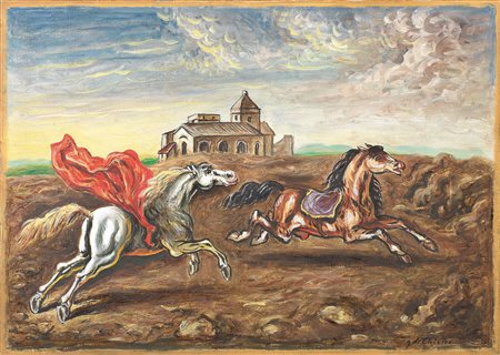 Giorgio de Chirico (Volos, 1888 - Roma, 1978) Due cavalli in un paese, 1964...