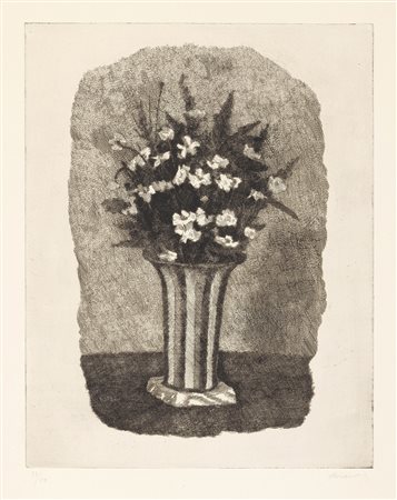 Giorgio Morandi (Bologna, 1890 - 1964) Gelsomini in un vaso a strisce,...