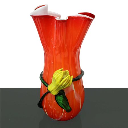 Vaso in vetro soffiato Murano con fiore giallo