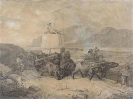 Friedrich Nerly (firma_di) (1807 - 1878) 
Il trasporto del blocco di marmo 
biacca e matita su carta 36,5 x 48,5 cm