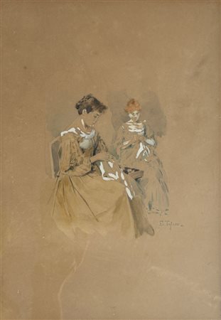 Edoardo Tofano (1838 - 1920) 
Donne che cuciono 
Acquerello e grafite su carta 34 x 24 cm