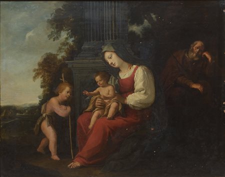 Lorenzo Sabatini (attribuito a) (c. 1530 - 1576) 
Sacra Famiglia con San Giovannino 
Olio su tavola 59 x 75 cm