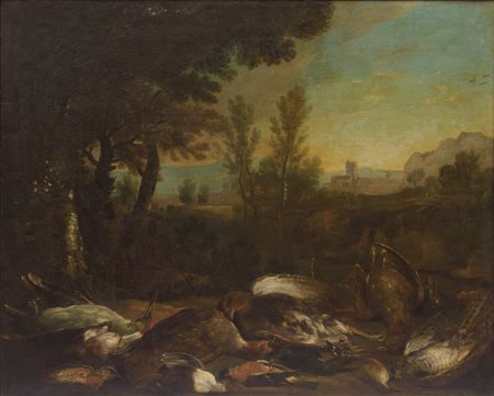  
Natura morta con cacciagione fine del XVII - inizi del XVIII secolo
olio su tela 76 x 94  cm