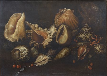 Paolo Porpora (attr.) (1617 - 1673) 
Natura morta con conchiglie, coralli, ciliegie e un coltello 
olio su tela  52 x 71 cm