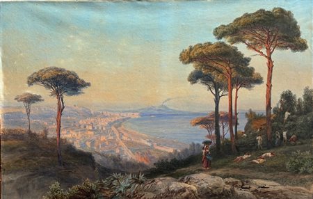  
Pittore del XIX secolo - Veduta di Napoli da Posillipo con il Vesuvio in eruzione  XIX secolo
tempera su carta 57 x 88 cm