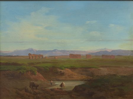 Antonio Bertaccini (1823 - 1906) 
Scena della campagna Romana con pascolo 
olio su tela 54 x 72 cm