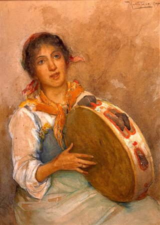 Vincenzo Montefusco (1852 - 1912) 
Fanciulla con tamburello 
acquarello su carta 50 x 35 cm