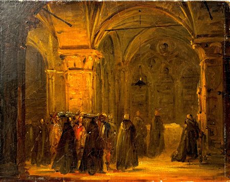 Giacinto Gigante (attr.) (1806 - 1876) 
Interno di Chiesa con processione 
olio su cartone 19 x 25 cm