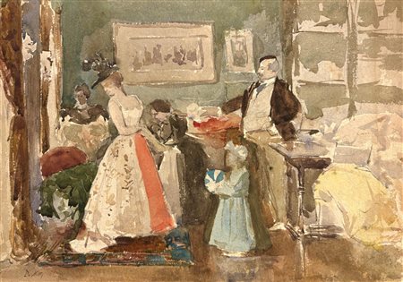 Giuseppe De Nittis (firma_di) (1846 - 1884) 
Scena d'interno 
Acquerello su carta 23,5 x 32 cm