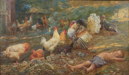 Lionello Grazi (1894 - 1973) 
Fanciullo assopito con galline 
Olio su tela 50 x 88 cm