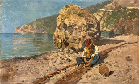 Edoardo Cortese (1856 - 1918) 
Paesaggio costiero con pescatore 
olio su tela 28 x 45,5 cm