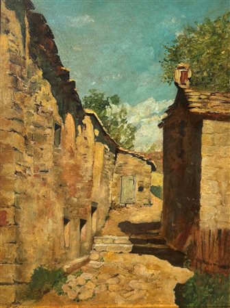 Ruggero Focardi (1864 - 1934) 
Scorcio di Tosi 
Olio su tavoletta 35 x 27 cm