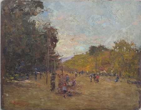 Raffaele Ragione (1851 - 1919) 
Veduta di un parco parigino 
olio su tavoletta 34 x 43 cm