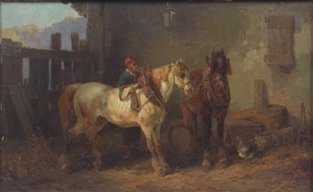 Salvatore Mazza (1819 - 1886) 
Cavalli in riposo 
olio su tavoletta 23,5 x38 cm