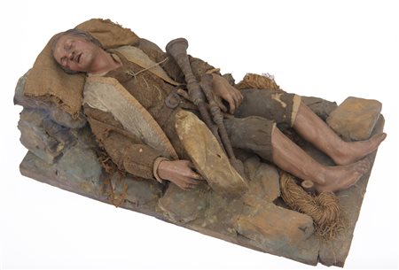  
Personaggio da presepe - Zampognaro dormiente Manifattura Napoletana, XVIII Secolo
 31 cm