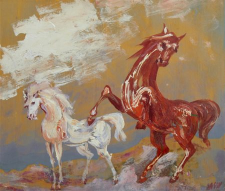 SASSU ALIGI (1912 - 2000) - IL CAVALLO ROSA E IL CAVALLO BIANCO.