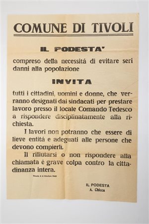 Manifesto del Podestà del Comune di Tivoli A. Chicca   