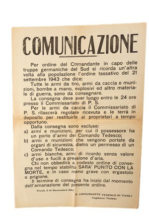 Manifesto del comandante tedesco di Tivoli Capitano Timbec   