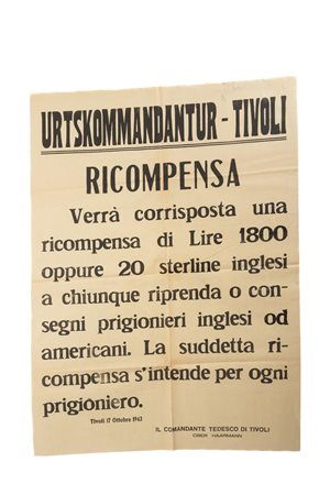 Manifesto dellʹ Urtskommandatur di Tivoli, a ﬁrma del Comandante tedesco di Tivoli Ober Haarmann   