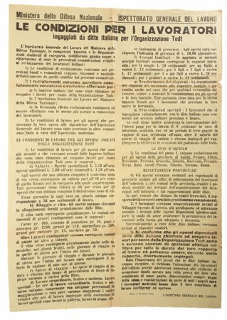 Manifesto del Ministero della Difesa Nazionale- Ispettorato Generale del Lavoro recante le condizioni di lavoro   