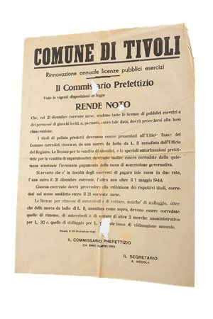 Manifesto del Commissario Prefettizio di Tivoli sulle rinnovazioni delle licenze annuali dei pubblici esercizi   