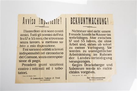 Manifesto bilingue italiano-tedesco ʺAvviso Importante!/ Bekauntmachug!ʺ del Comandante tedesco di Tivoli Haarmann per la chiamata al lavoro degli uomini tra i 17e i 55 anni   