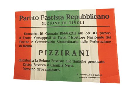 Manifesto tricolore ﬁrmato dal segretario politico del Partito Fascista Repubblicano di Tivoli   