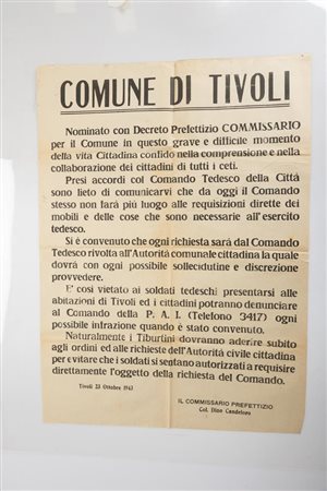 Manifesto del Commissario Prefettizio del Comune di Tivoli Colonnello Dino Candeloro annunciante la sua nomina e le nuove regole sulle requisizioni del Comando Tedesco...   