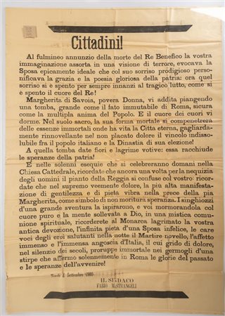 Manifesto listato a lutto del sindaco di Tivoli Fabio Mastrangeli annunziante il regicidio di Umberto I° avvenuto il 29 luglio del 1900 a Monza.   