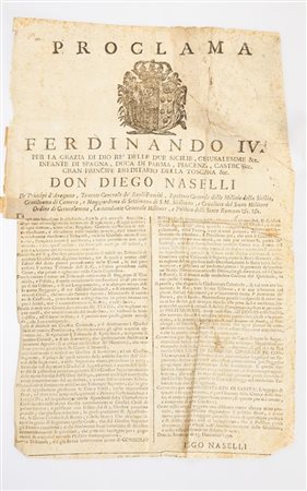 Ferdinando IV° di Borbone - Proclama sul riordinamento dei tribunali del Regno di Napoli.   