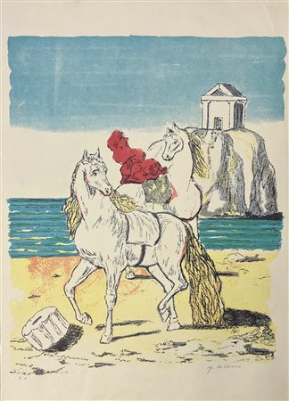 Giorgio De Chirico “Cavalli su una spiaggia antica” 1974