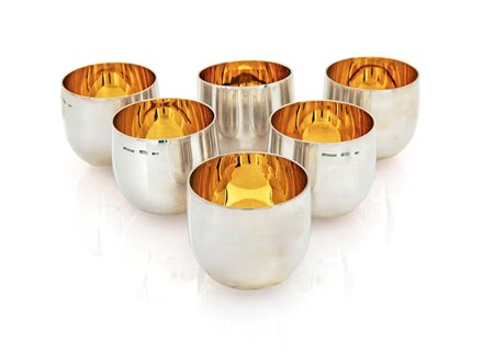 Sei piccoli goblets basculanti in argento 925/000, Bulgari, Anni Novanta...