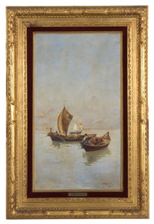 RICCARDO PELLEGRINI. Painting "BOATS WITH FISHERMEN"