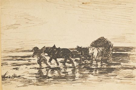 DAUBIGNY FRANCOIS CHARLES<BR>Parigi 1817-1878<BR>"Uomo con cavallo e carro di buoi"