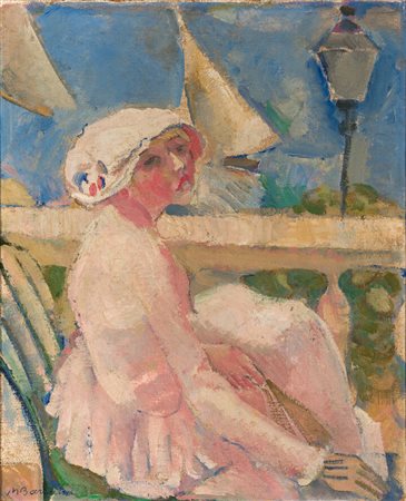 MAURICE BARRAUD<BR>Ginevra 1899 - Ginevra 1954<BR>"Figura femminile al balcone"  (al retro e al rovescio "Nudo in piedi")