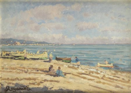 ENRICO REYCEND<BR>Torino 1855 - 1928<BR>"Sulla spiaggia di Noli" 1917