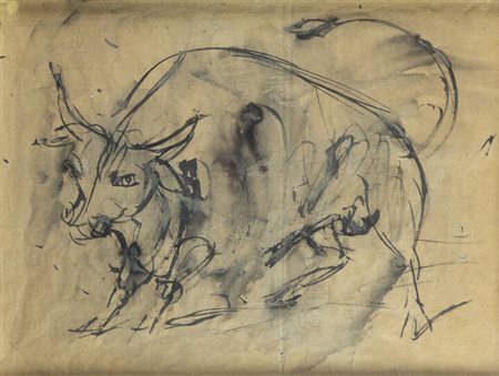 LUIGI SPAZZAPAN<BR>Gradisca d'Isonzo (GO) 1889 - 1958 Torino<BR>A) "Toro in attesa della corrida" 1945-46<BR>B) al retro "Il partigiano impiccato per i piedi" 1945-46