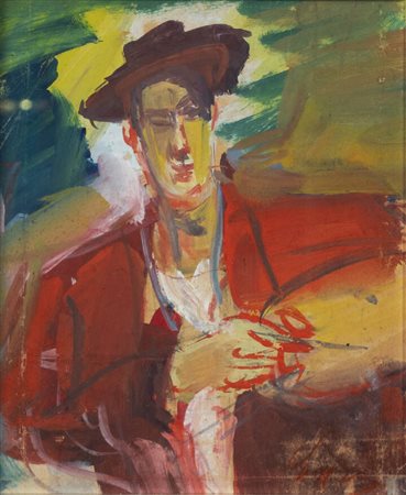 LUIGI SPAZZAPAN<BR>Gradisca d'Isonzo (GO) 1889 - 1958 Torino<BR>"Autoritratto con cappello e tavolozza" 1937 circa