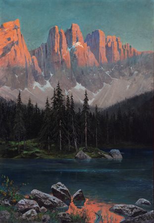 Ernst Platz (Karlsruhe 1867-1940)  - Dolomiti, tramonto sul gruppo del Catinaccio