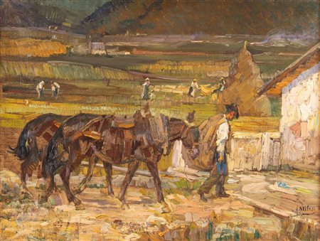 Alessandro Milesi (Venezia 1856-1945)  - Al lavoro nella campagna veneta, 1926